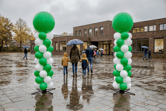 Weerbestendige ballonpilaren in schoolkleuren buiten bij schoolgebouw open dag