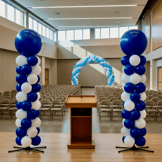Schoolaula volledig aangekleed met ballonpilaren in schoolkleuren voor diploma-uitreiking