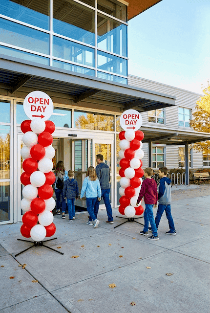 Kleurrijke ballonpilaren in schoolkleuren aan weerszijden van de schoolingang voor open dag