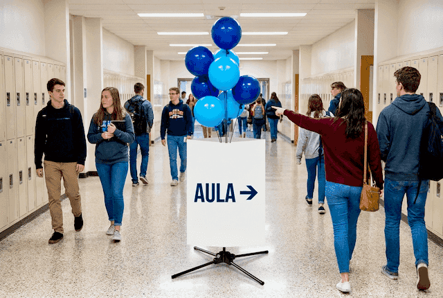 Ballon signagedisplay met faculteitsnaam en schoolkleuren als navigatiepunt op hogeschool campus