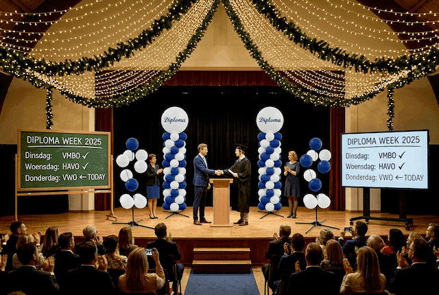 Ballondecoratie die drie dagen perfect blijft voor meerdere diploma-uitreikingen op school