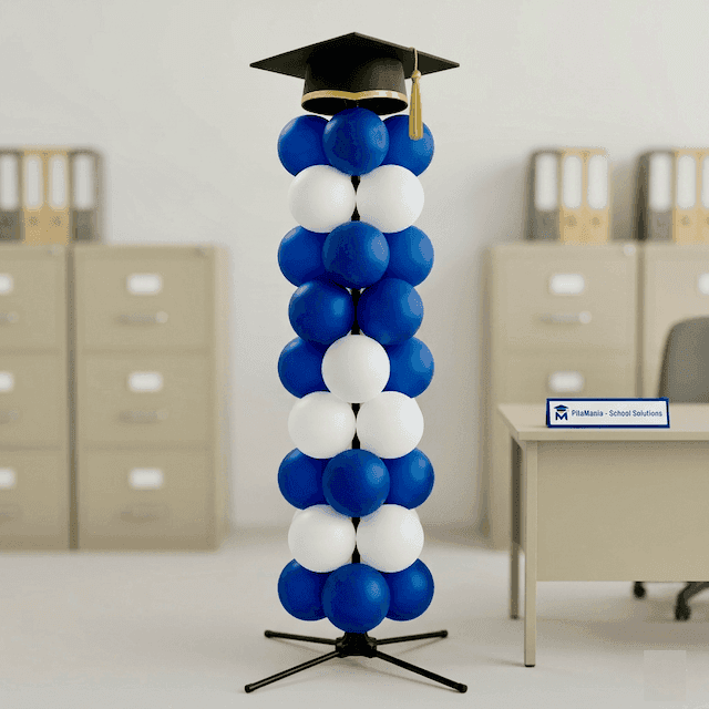 PilaMania ballonpilaar versierd met schoolkleuren sjerp en logo voor diploma-uitreiking