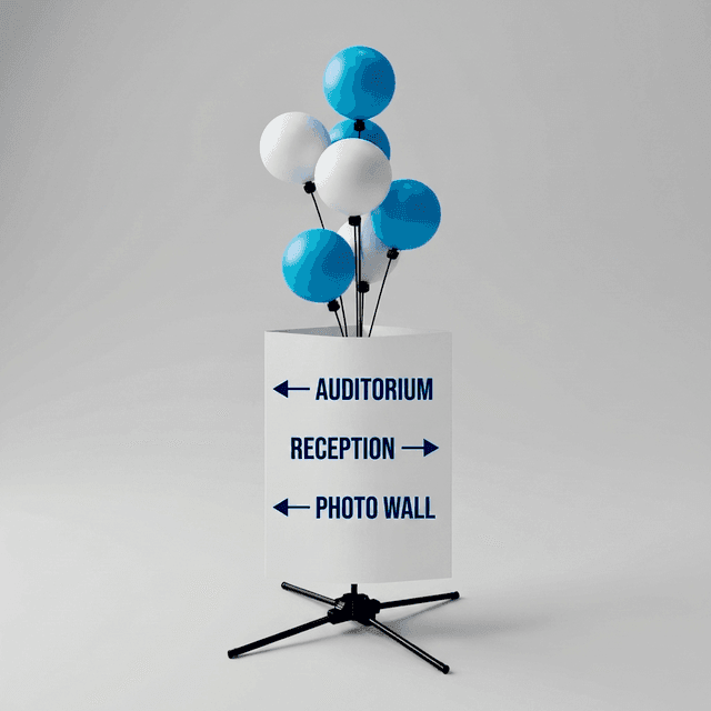 PilaMania ballon signagedisplay met wisselbaar faculteitspaneel voor open dag navigatie op school