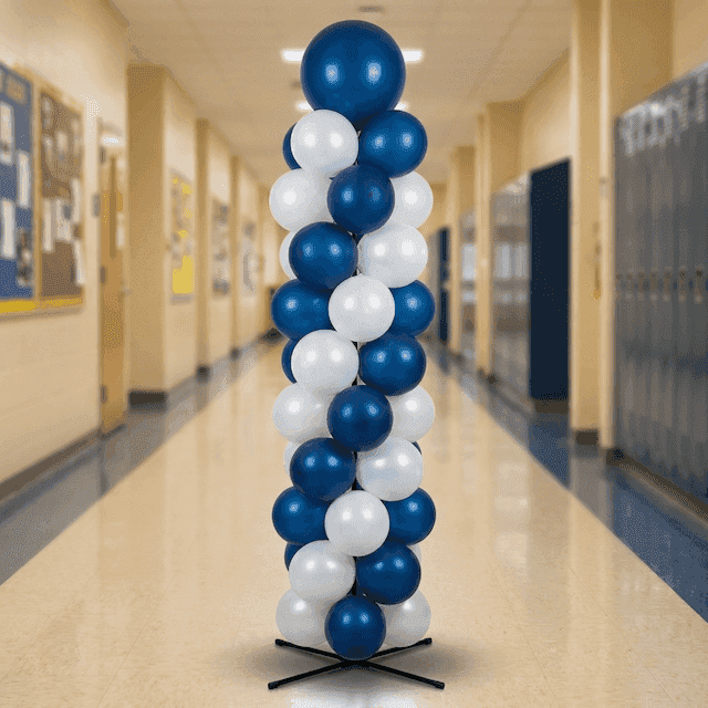Ballonpilaar in schoolkleuren bij podium voor diploma-uitreiking