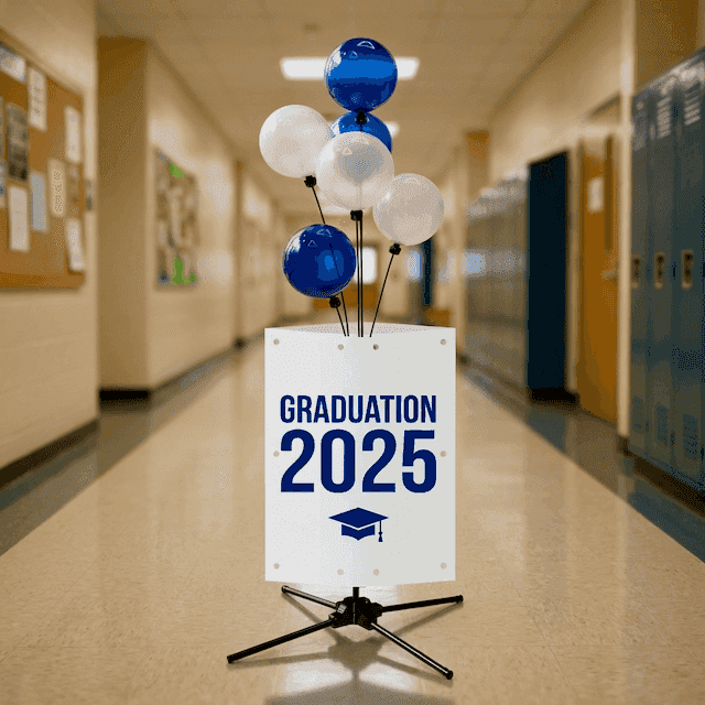 Ballon signagedisplay met faculteitsnaam als navigatiepunt op school open dag