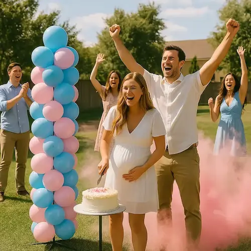 Dezelfde ballonpilaar op een gender reveal in de tuin, tussen juichende gasten