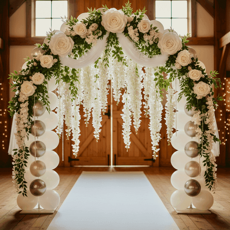 Witte ballonboog versierd met rozen en hangend groen bij ceremonie