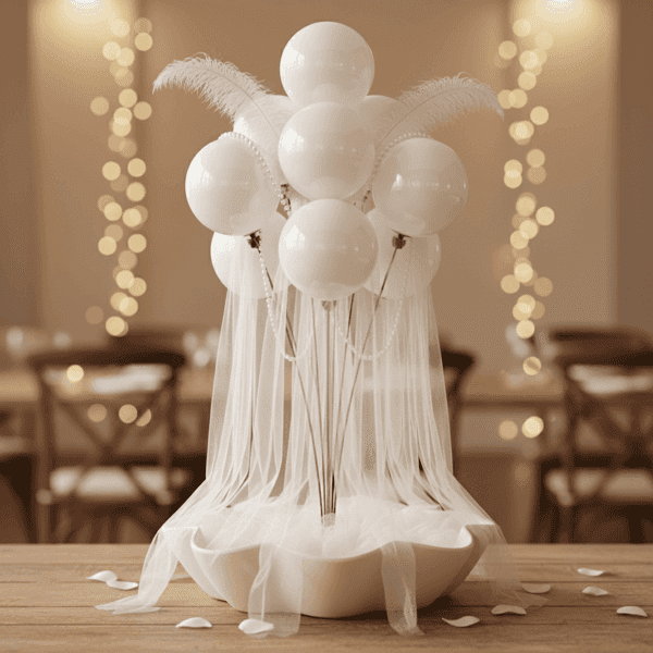 Bruiloft centerpiece met ballonfontein, tulle, veren en decoratieve voet