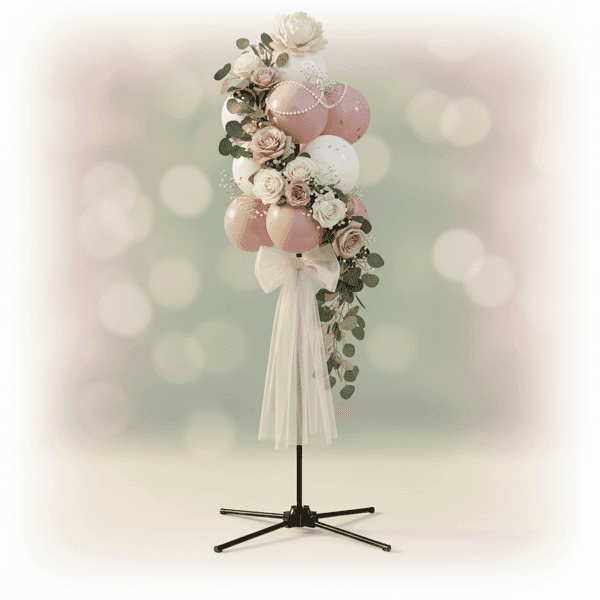 Romantisch gedecoreerde balloncluster met bruidstopper, tulle en parels