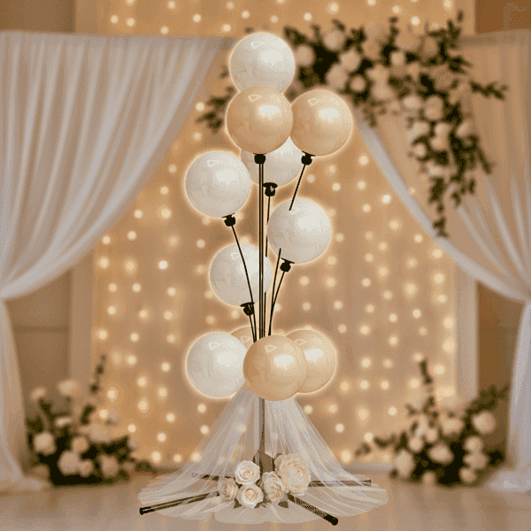 Witte ballonfontein met sfeerverlichting als bruiloft centerpiece