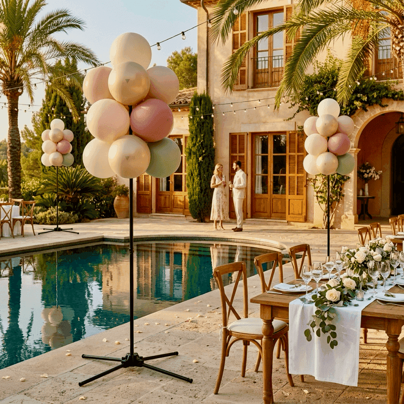 Elegante witte ballondecoratie voor bruiloft met pilaren en boog
