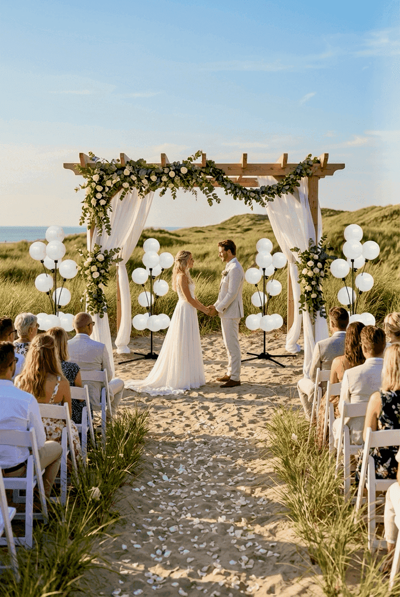 Complete bruiloft setting met PilaMania decoraties: boog, pilaren en fonteinen