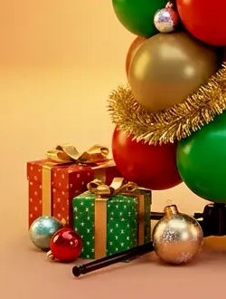 Ingepakte cadeaus rond de voet van een ballonnenpilaar in kerstkleuren