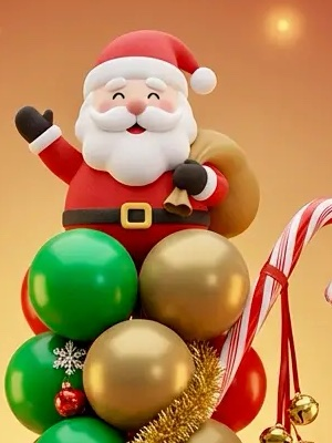 Kerstman als topfiguur boven rode, groene en gouden ballonnen