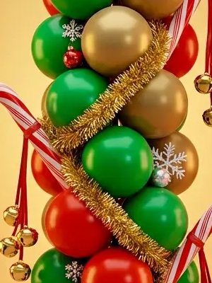 Gouden slinger diagonaal om groene en gouden ballonnen gewikkeld