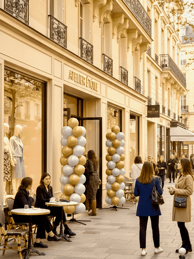 Twee ballonnenpilaren in goud en zilver naast de entree van een luxe boutique