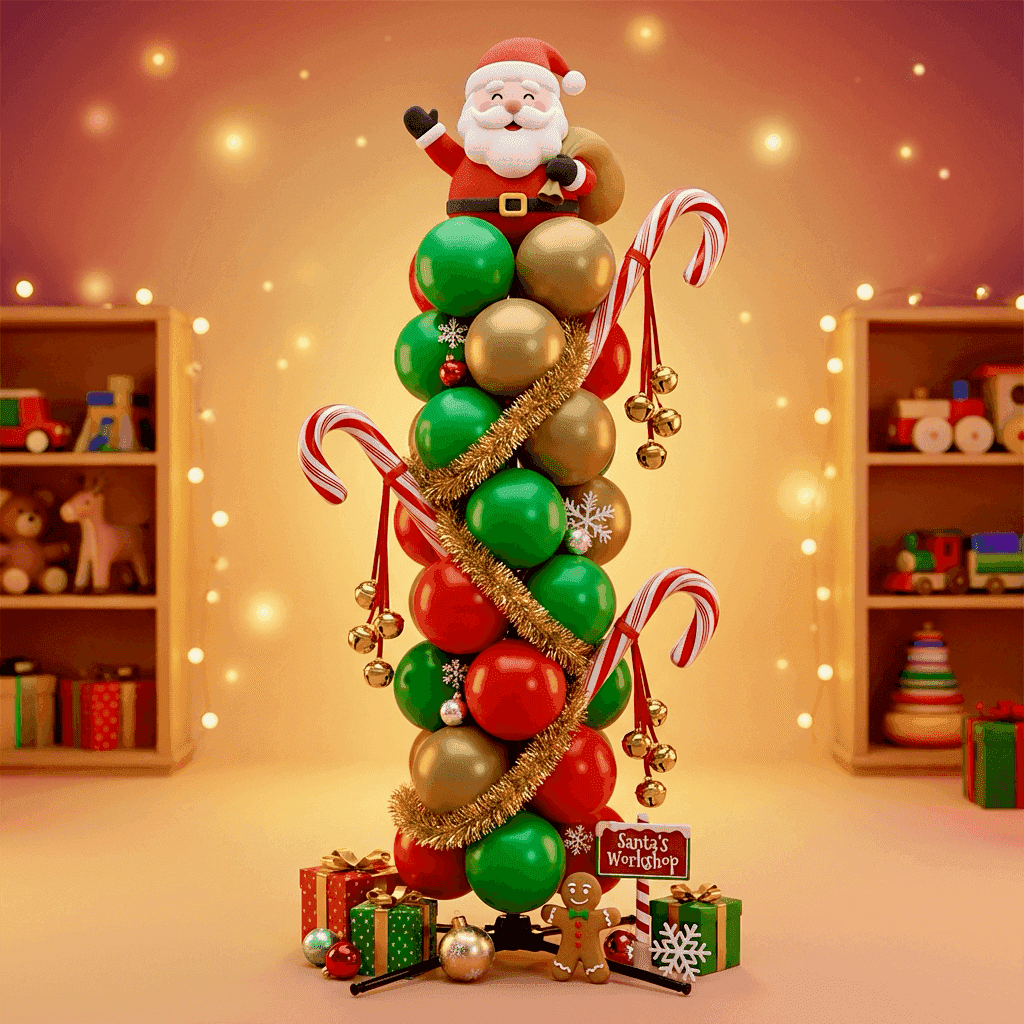 Kerstpilaar met rode, groene en gouden ballonnen, slingers en cadeaus in een speelgoedwinkel