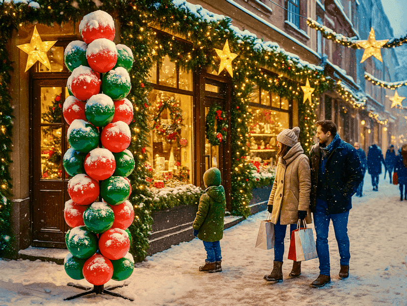 Ballonnenpilaar met kerstman als topfiguur, besneeuwd, voor een winkel in een sfeervolle winkelstraat