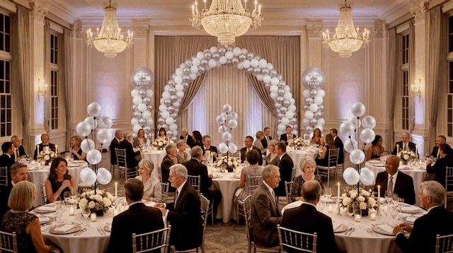 Feestelijk gedekte hotelzaal met gouden ballondecoratie bij de gedekte tafels