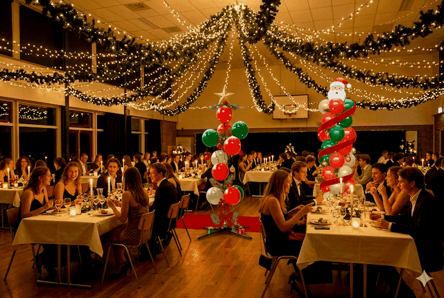 Kerstgala in een zaal met lichtjes, groen en twee ballonnenpilaren in kerstkleuren