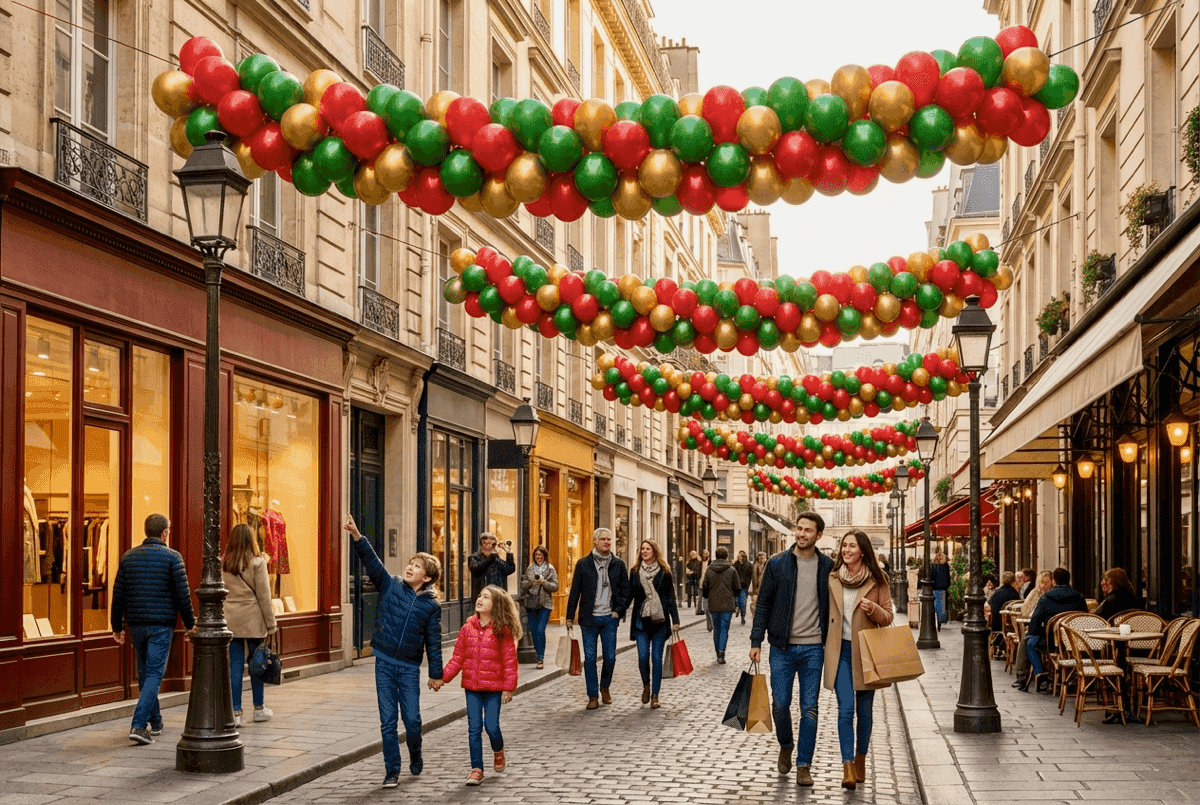 Slingers van rode, groene en gouden ballonnen gespannen boven een winkelstraat met winkelend publiek