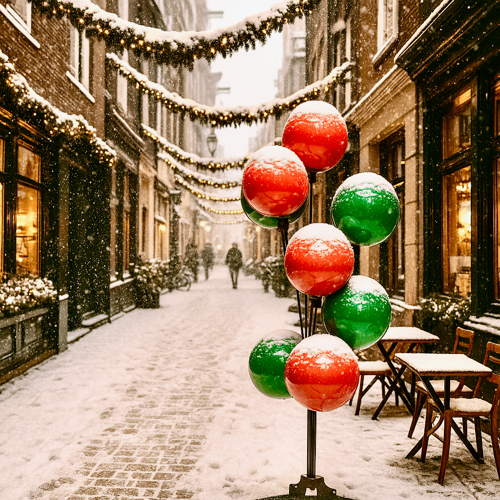 Ballonfontein met besneeuwde rode en groene ballen in een winkelstraat tijdens sneeuwval
