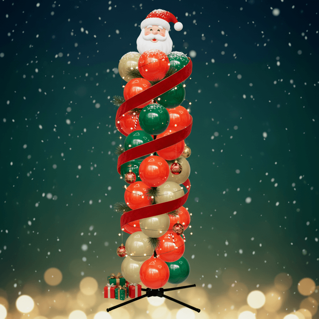 Ballonnenpilaar in rood, groen en goud met een rood lint, lichtjes en een kerstmanfiguur bovenop